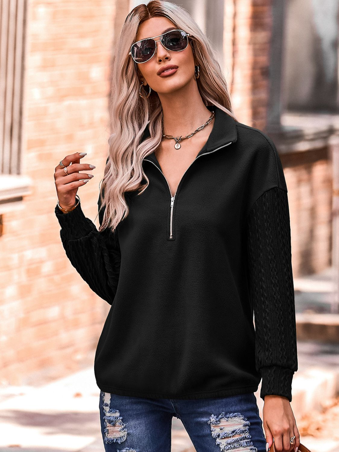 Quarter Zip Dropped Shoulder Spliced Sweatshirt