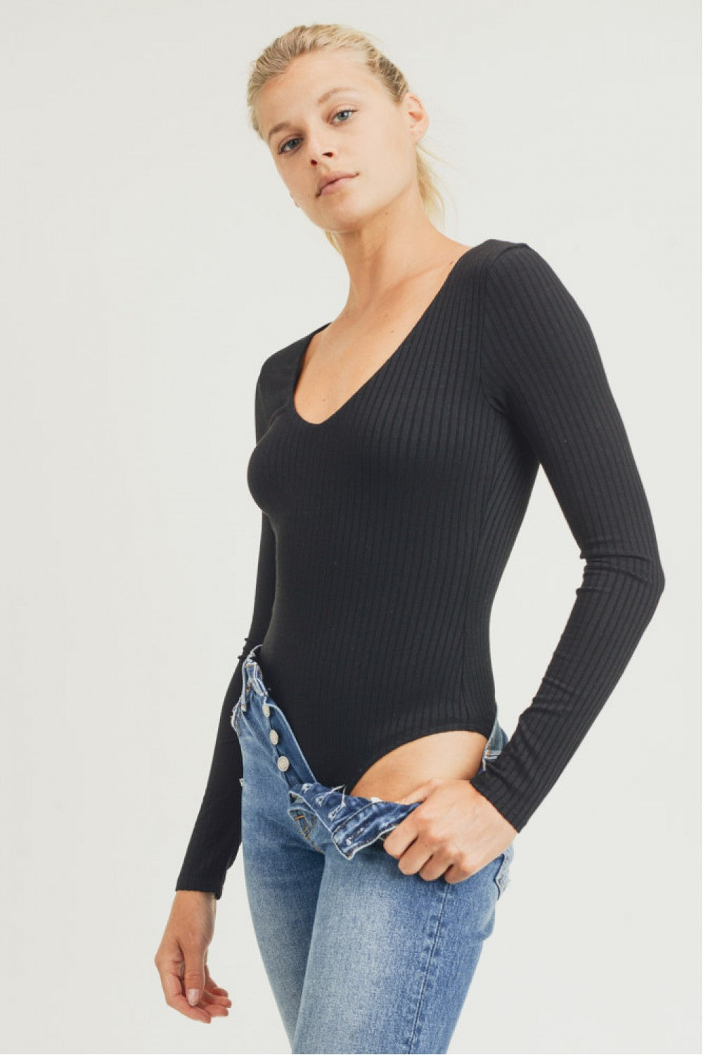 Long Sleeved Ribbed Bodysuit With Scoop Neck