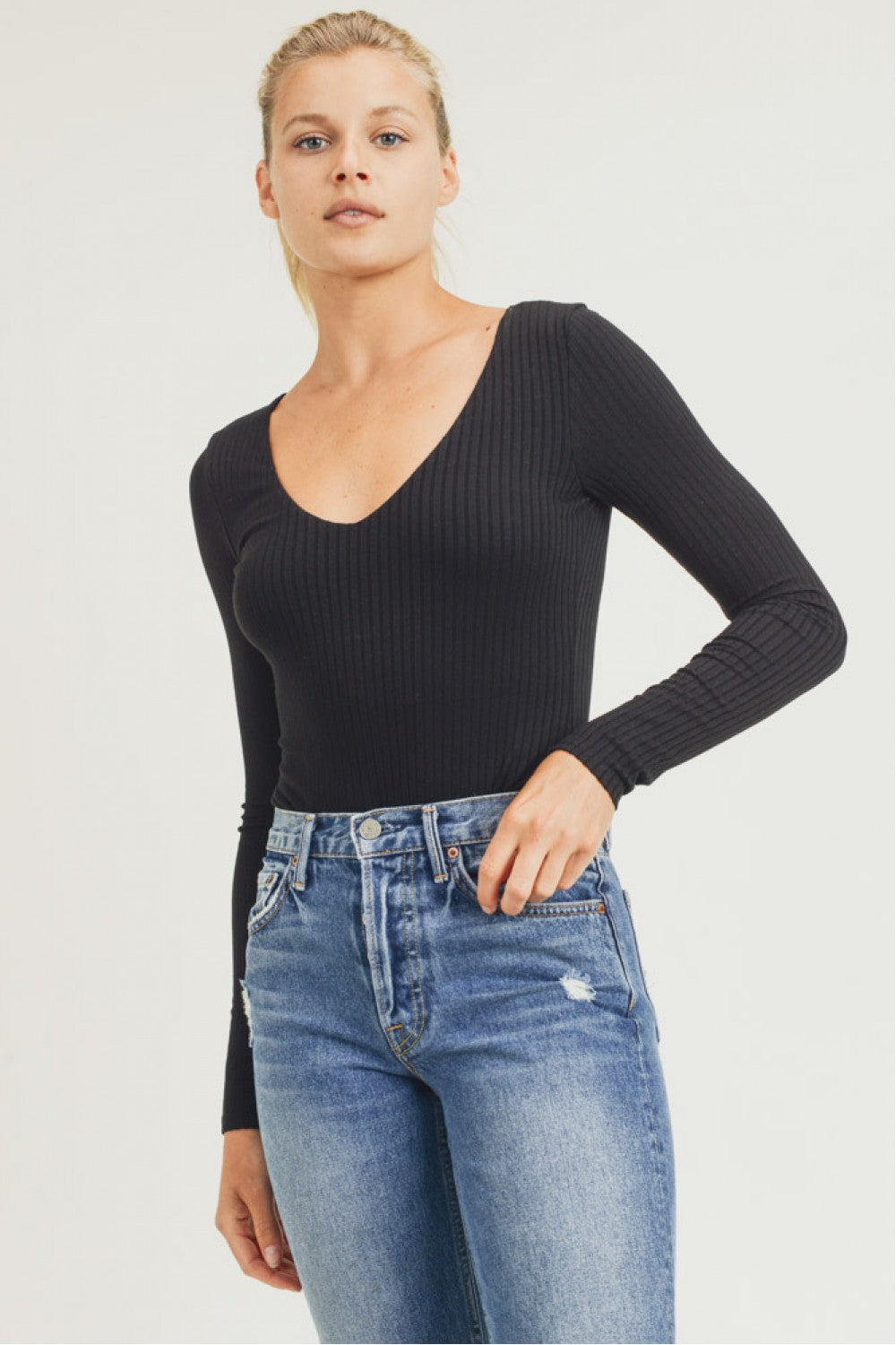 Long Sleeved Ribbed Bodysuit With Scoop Neck